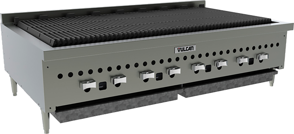 A commercial Vulcan gas countertop charbroiler with a large black grill surface, six control knobs, cast iron burners, perforated front panel, sturdy metal construction, and four metal legs, designed for industrial kitchen use on a white background.