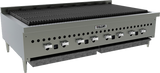 A commercial Vulcan gas countertop charbroiler with a large black grill surface, six control knobs, cast iron burners, perforated front panel, sturdy metal construction, and four metal legs, designed for industrial kitchen use on a white background.
