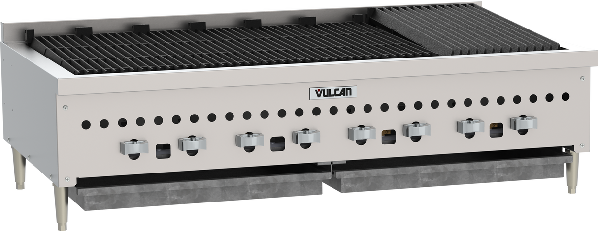 A commercial stainless steel Vulcan VCCB47 gas countertop charbroiler featuring eight control knobs, black cooking grates, a raised back splash, and front ventilation holes. Four sturdy legs support its modern, industrial design.