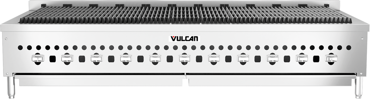 A large stainless steel Vulcan VCCB60 gas charbroiler with ten control knobs and black grill grates on top. This countertop charbroiler features a sleek, modern design with ventilation holes and stands on short metal legs.
