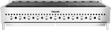 A large stainless steel Vulcan VCCB60 gas charbroiler with ten control knobs and black grill grates on top. This countertop charbroiler features a sleek, modern design with ventilation holes and stands on short metal legs.
