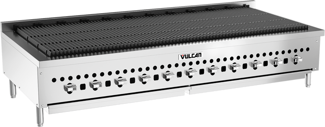 The Vulcan VCCB60 is a large commercial gas charbroiler with twelve control knobs, black grates on top, ventilation holes along the front, and the Vulcan logo. This countertop charbroiler stands on four legs and is built for heavy-duty grilling.