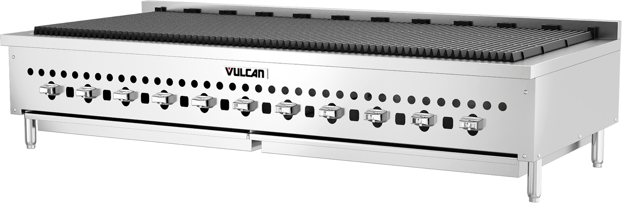A large, stainless steel Vulcan VCCB60 countertop charbroiler with eleven control knobs, a grated cooking surface, and four sturdy legs. The Vulcan logo is visible on the front panel. Built for professional kitchen use.