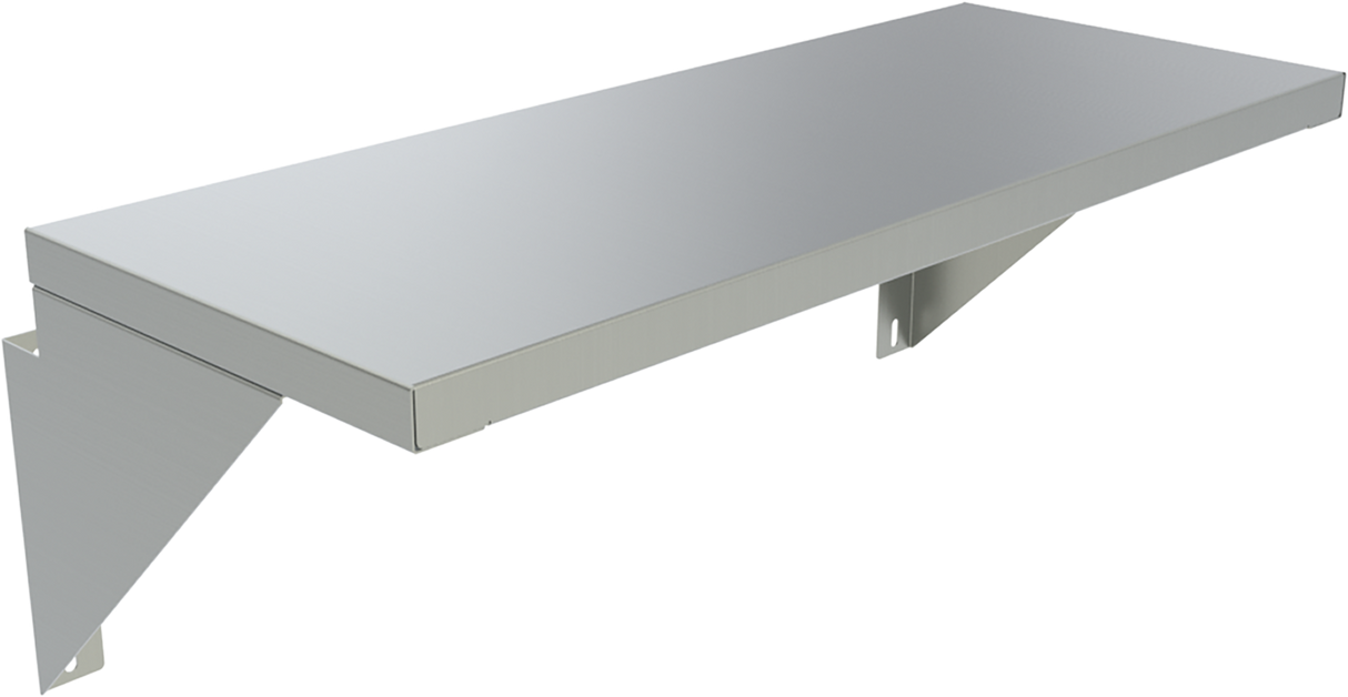 A stainless steel wall-mounted shelf with a smooth, rectangular surface and two sturdy triangular brackets supporting it from below. This 25" wide plate rail features a sleek, industrial look and is shown against a plain white background.