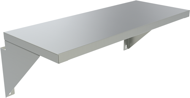 A stainless steel wall-mounted shelf with a smooth, rectangular surface and two sturdy triangular brackets supporting it from below. This 25" wide plate rail features a sleek, industrial look and is shown against a plain white background.