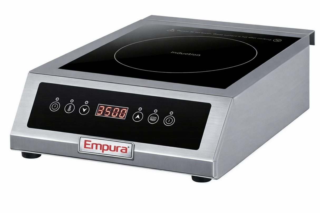 A stainless steel Empura countertop burner induction cooktop with a digital display showing 3500, touch control buttons, and a smooth black cooking surface. The angled control panel and Empura logo enhance this sleek induction range.