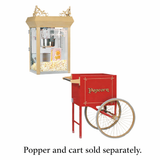 A gold antique deluxe popcorn machine filled with popcorn sits above a separate red cart with large wheels, both labeled popcorn. The countertop popper and cart do not appear attached. Text below reads, Popper and cart sold separately.