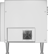 A side view of a stainless steel cheesemelter with four metal legs, a rectangular vent near the bottom, and a visible black fan behind a wire grill. The smooth, unbranded surface shows panel edges and screws.
