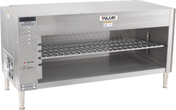 A large stainless steel commercial kitchen broiler with an open front, metal grate shelf, four sturdy legs, and “Vulcan” branding. This electric broiler features control knobs, a single cooking rack, and is ideal as a cheesemelter.