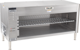 A commercial stainless steel Vulcan broiler with a quartz infrared heating element, wire cooking rack, open front, vent slots, side control panel, caution and brand labels, and sturdy legs—designed for professional kitchen use.