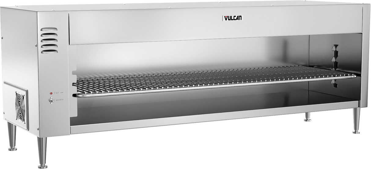 A commercial stainless steel Vulcan broiler with a wire grilling rack, adjustable legs, and control knobs on the left side. Featuring quartz infrared heating, it's designed for high-volume professional kitchen use with an open front and top-left vent.