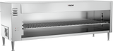 A commercial stainless steel Vulcan broiler with a wire grilling rack, adjustable legs, and control knobs on the left side. Featuring quartz infrared heating, it's designed for high-volume professional kitchen use with an open front and top-left vent.