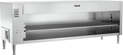 A commercial stainless steel Vulcan broiler with a wire grilling rack, adjustable legs, and control knobs on the left side. Featuring quartz infrared heating, it's designed for high-volume professional kitchen use with an open front and top-left vent.