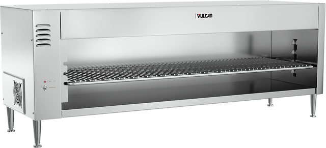 A commercial stainless steel Vulcan broiler with a wire grilling rack, adjustable legs, and control knobs on the left side. Featuring quartz infrared heating, it's designed for high-volume professional kitchen use with an open front and top-left vent.