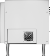 A silver metal cheesemelter viewed from the side, featuring four tall cylindrical legs, a rectangular vent cover, and a black fan behind a metal grille near the bottom. Designed for countertop installation, its surface is plain with visible screws in each corner.