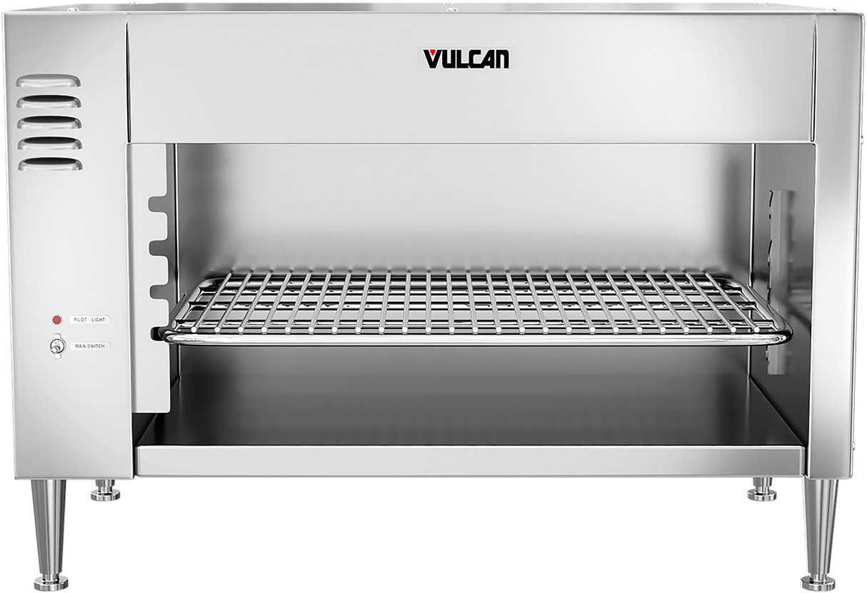 A stainless steel Vulcan commercial broiler with quartz infrared heating and a single grilling rack, open front, four legs, and control panel on the left. Ideal for countertop installation as a cheesemelter; the clean interior is empty.