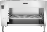 A stainless steel Vulcan commercial broiler with quartz infrared heating and a single grilling rack, open front, four legs, and control panel on the left. Ideal for countertop installation as a cheesemelter; the clean interior is empty.