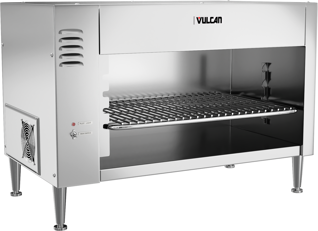 A commercial stainless steel salamander broiler with the brand name Vulcan on the top right. Featuring quartz infrared heating, it has an open front, a grilling rack inside, vent slits on the side, a control knob, power switch, and stands on four metal legs.