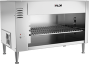 A commercial stainless steel broiler oven with quartz infrared heating, wire cooking rack, ventilation grates, control knobs, and Vulcan branding. Designed for countertop installation, this open-front cheesemelter suits any professional kitchen.