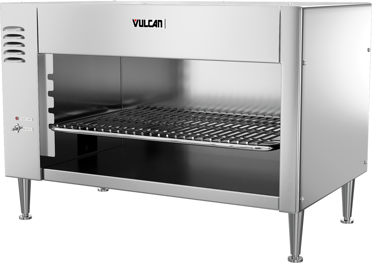 A stainless steel Cheesemelter broiler oven with an open front, metal rack, four sturdy legs, vent slots on the left, and the brand name Vulcan centered at the top. This sleek appliance features an industrial design and quartz infrared heating.