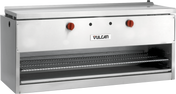 A commercial 36 inch stainless steel broiler with a wire rack, two red control knobs, a Vulcan brand logo in the center, and an infrared burner—commonly used in restaurants as a Cheesemelter for grilling or broiling food.