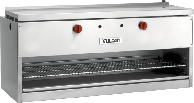 A commercial 36 inch stainless steel broiler with a wire rack, two red control knobs, a Vulcan brand logo in the center, and an infrared burner—commonly used in restaurants as a Cheesemelter for grilling or broiling food.