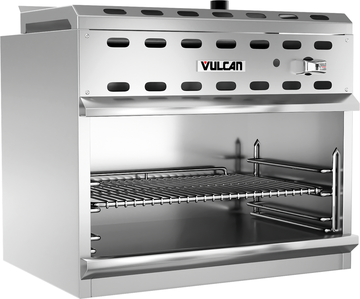 A commercial stainless steel broiler with an open front, adjustable wire rack, side rails, and ventilation holes. Featuring an infrared burner for efficient heating, the Vulcan broiler boasts a sleek, industrial design perfect for a busy kitchen.