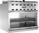 A commercial stainless steel broiler with an open front, adjustable wire rack, side rails, and ventilation holes. Featuring an infrared burner for efficient heating, the Vulcan broiler boasts a sleek, industrial design perfect for a busy kitchen.