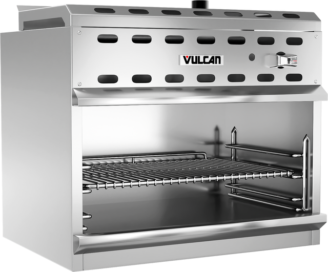 A commercial stainless steel broiler with an open front, adjustable wire rack, side rails, and ventilation holes. Featuring an infrared burner for efficient heating, the Vulcan broiler boasts a sleek, industrial design perfect for a busy kitchen.