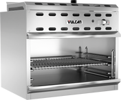 A commercial stainless steel Vulcan broiler with an open front, wire grilling rack, infrared burner, ventilation holes along the top, and polished exterior. Designed for professional kitchens, it also features side supports and a chimney on top.