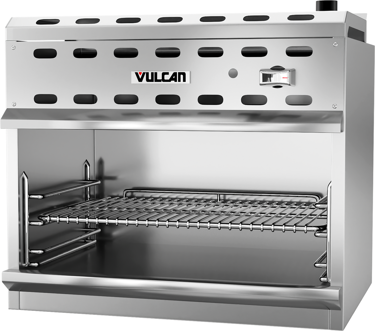 A commercial stainless steel Vulcan broiler and cheesemelter with a vented top, control knob on the right, and metal grille rack inside. Interior rails allow for adjustable rack height. The 20,000 BTU unit features an open front for easy food placement.