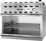 A commercial stainless steel Vulcan broiler and cheesemelter with a vented top, control knob on the right, and metal grille rack inside. Interior rails allow for adjustable rack height. The 20,000 BTU unit features an open front for easy food placement.