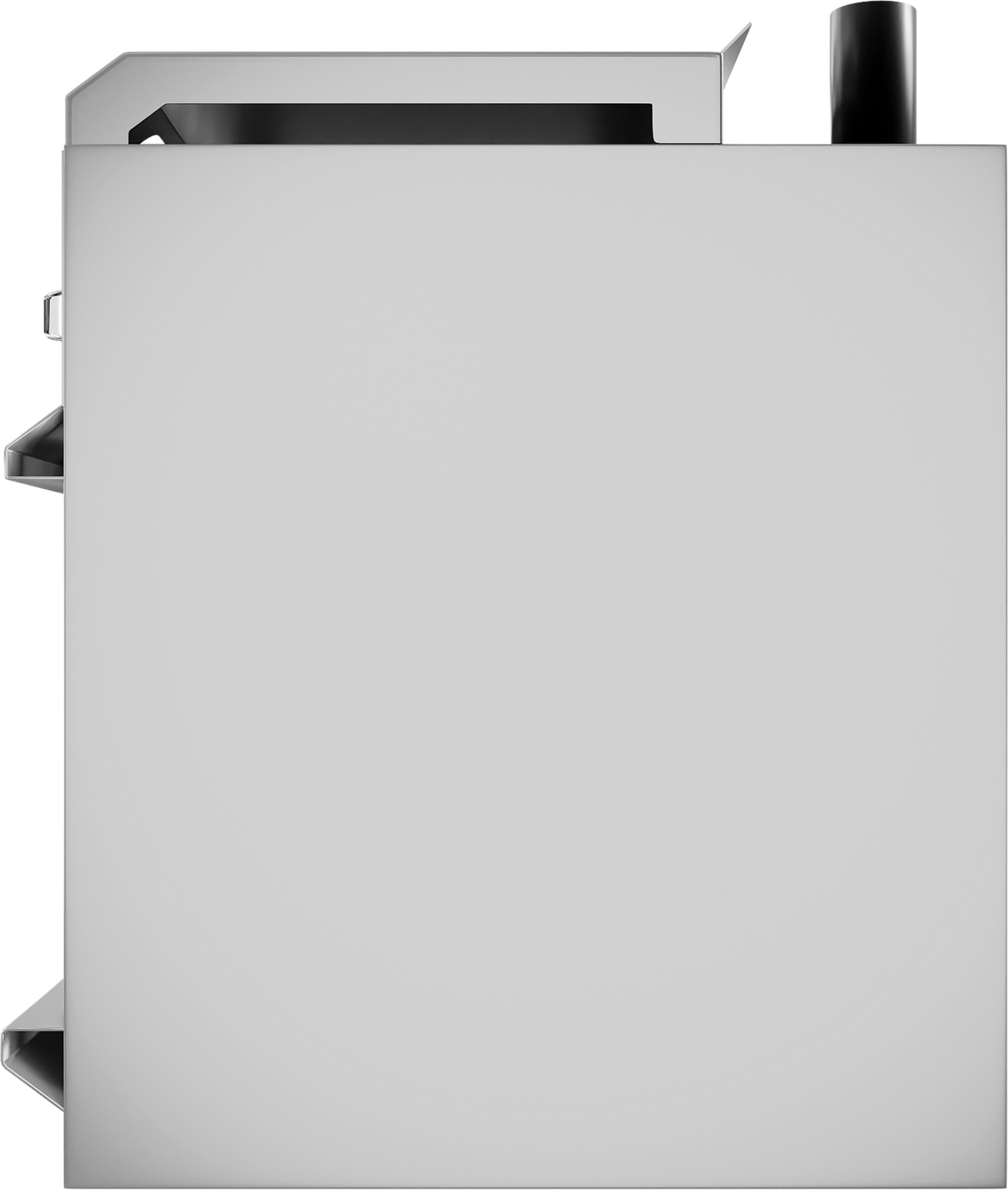 A minimalist, metallic cheesemelter features a smooth front panel, a black cylindrical element on the top right, and geometric cutouts on the upper left and left edge—all set against a plain white background.