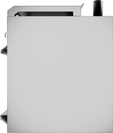 A square-shaped, metallic object viewed from the side. It has a smooth, light gray surface with a dark cylindrical pipe protruding from the top right, resembling an infrared burner. Several angular, metallic elements are partially visible on the left side. The structure appears industrial.