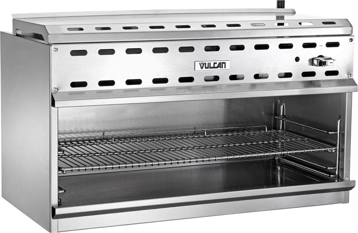 A commercial 36 inch stainless steel Vulcan broiler with a gas infrared burner, open front, two adjustable wire racks, vented back panel, and right-side control knob. The unit features clean lines and a modern industrial kitchen design.