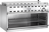 A commercial 36 inch stainless steel Vulcan broiler with a gas infrared burner, open front, two adjustable wire racks, vented back panel, and right-side control knob. The unit features clean lines and a modern industrial kitchen design.