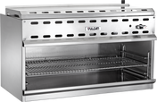 A commercial 36 inch stainless steel Vulcan broiler with a gas infrared burner, open front, two adjustable wire racks, vented back panel, and right-side control knob. The unit features clean lines and a modern industrial kitchen design.