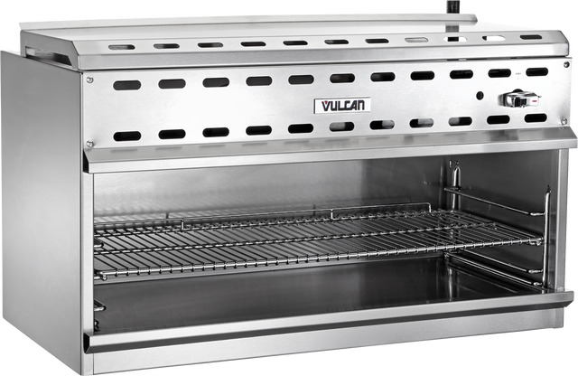 A commercial 36 inch stainless steel Vulcan broiler with a gas infrared burner, open front, two adjustable wire racks, vented back panel, and right-side control knob. The unit features clean lines and a modern industrial kitchen design.