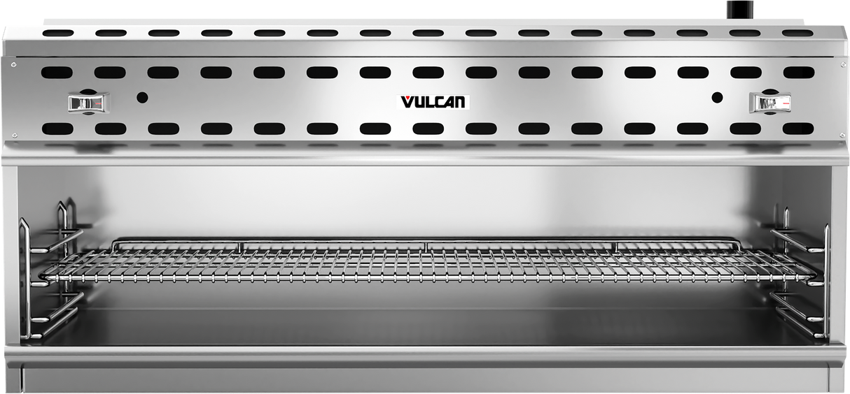 A stainless steel Vulcan commercial salamander broiler with infrared burners, a vented top panel, two control knobs on each end, and an adjustable grilling rack inside. The broiler is clean and empty, perfect for high-temperature cooking.