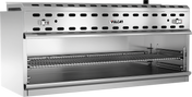 A commercial stainless steel cheesemelter with a vented top panel, two control knobs, the Vulcan logo, an adjustable wire rack, and a spacious cooking area below; the shiny surfaces are complemented by efficient infrared burners.