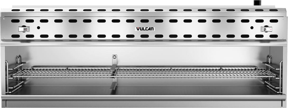 A commercial stainless steel broiler with a vented top, dual control knobs, and the Vulcan logo centered. Inside are metal racks and supports plus powerful infrared burners—ideal for high-volume grilling or broiling, like a cheesemelter in any restaurant kitchen.