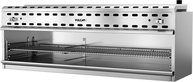 A large stainless steel commercial broiler with a vented top panel, two control knobs on each side, powerful 50,000 BTU infrared burners, a wide grilling rack, and the Vulcan brand in the center. The design is clean and industrial.