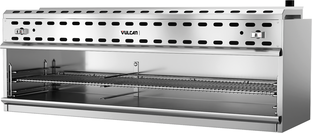 A large, stainless steel commercial broiler with the brand name Vulcan on the front, featuring gas infrared burners, a wide grilling rack, adjustable controls, and a vented top panel. The interior has metal bars for grilling food.