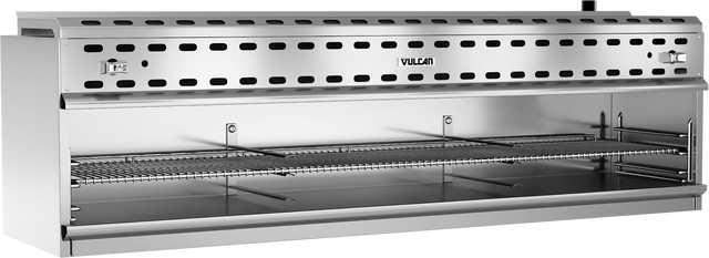 A large, stainless steel commercial broiler with infrared burners, a vented top, wire grill rack, and two control knobs on each end. The “Vulcan” brand is centered on the front panel. Ideal for restaurant kitchens as a broiler or cheesemelter.