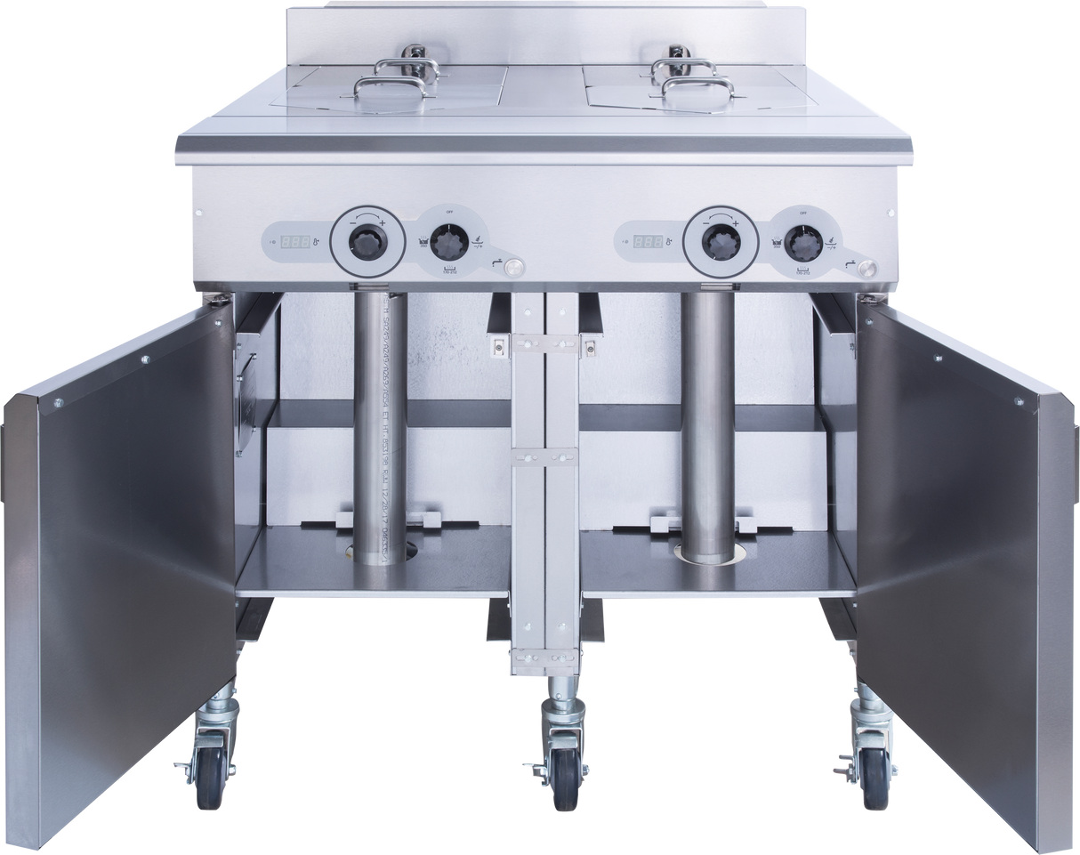A V-Series Multifunction Cooker with stainless steel construction features two stovetop burners, control knobs, and open cabinet doors revealing pipes and storage below, all set on four caster wheels for easy mobility. The background is plain and white.
