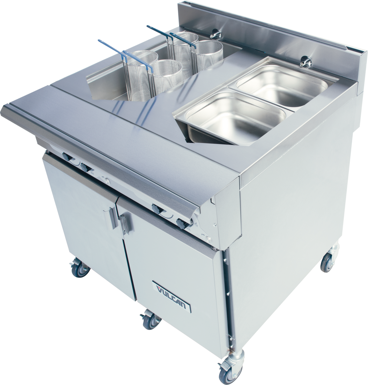A commercial stainless steel fryer station with two wire baskets, food trays, and storage cabinets below on caster wheels. The unit features durable stainless steel construction, a flat work surface, and the Vulcan brand name clearly visible on the front.
