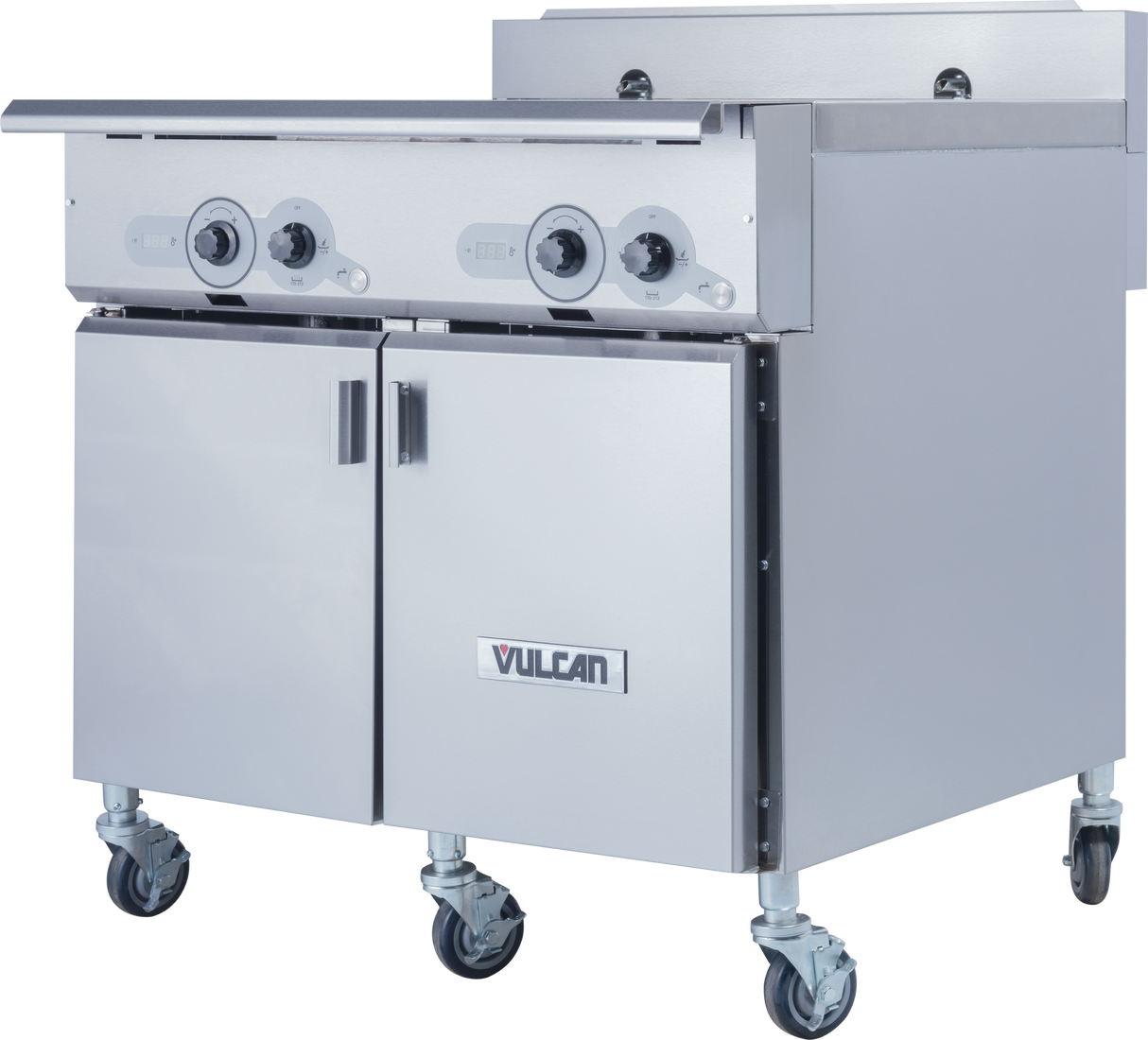 A commercial V-Series Multifunction Cooker with three large control knobs, a backsplash, double-door cabinet below, and four caster wheels for mobility. The unit features modern industrial style with clean lines and durable stainless steel construction.
