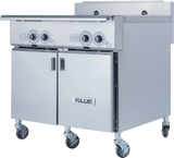 A commercial V-Series Multifunction Cooker with three large control knobs, a backsplash, double-door cabinet below, and four caster wheels for mobility. The unit features modern industrial style with clean lines and durable stainless steel construction.