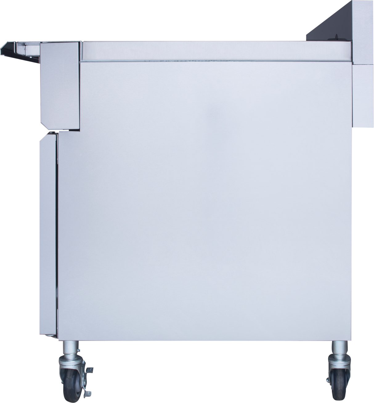 A V-Series Multifunction Cooker featuring stainless steel construction with smooth surfaces, a rectangular shape, and four metal caster wheels for mobility. The side panel and lower section are visible; the top edge has an angular detail against a plain white background.