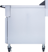 A V-Series Multifunction Cooker featuring stainless steel construction with smooth surfaces, a rectangular shape, and four metal caster wheels for mobility. The side panel and lower section are visible; the top edge has an angular detail against a plain white background.